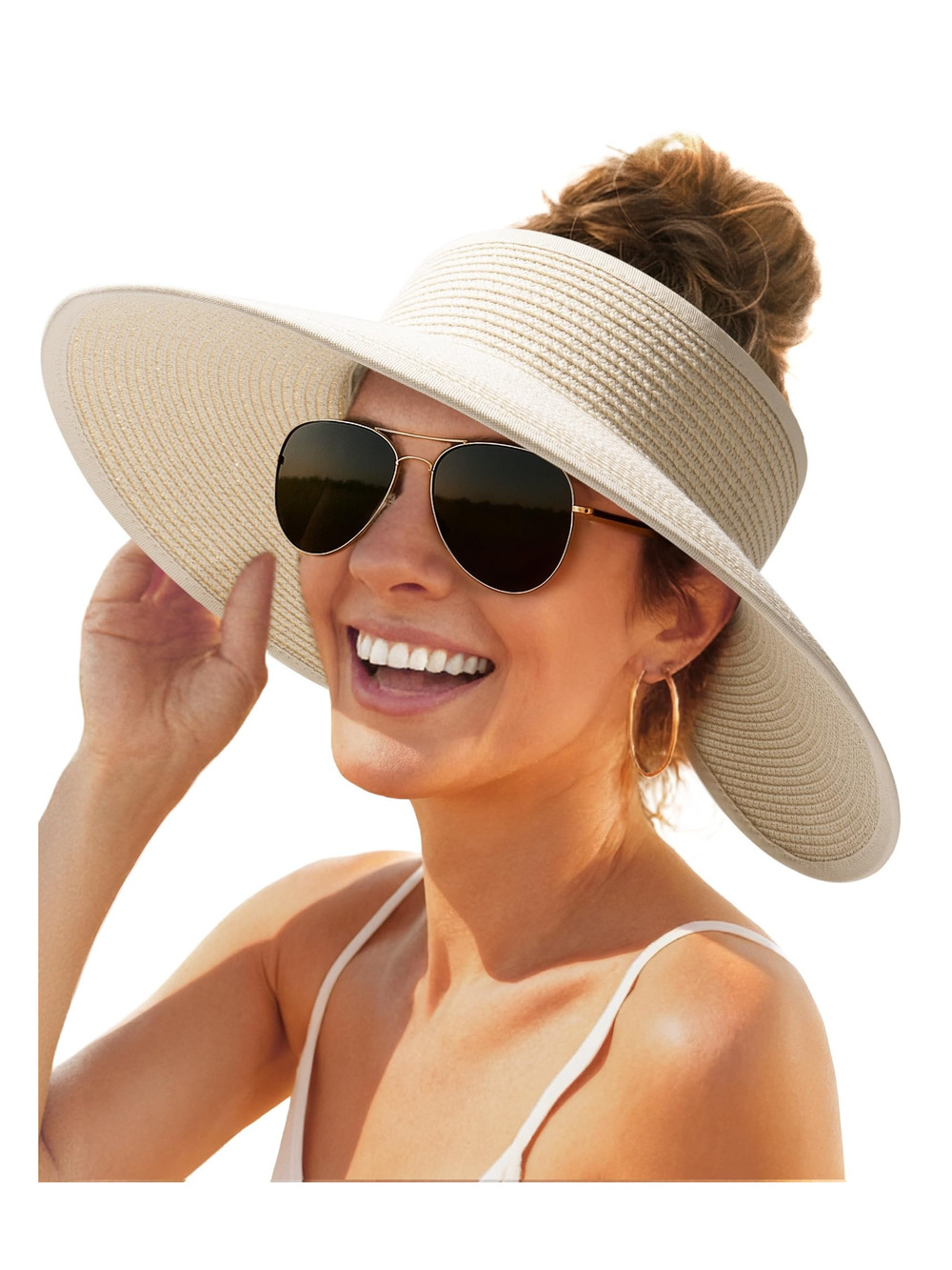 Womens Sun Hat with Ponytail Hole Wide Brim Beach Straw Visor | Beige | Size M